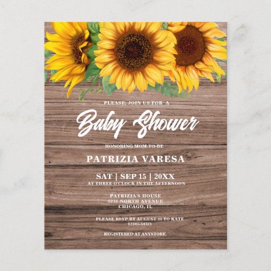 Budget rustieke Herfst houten zonnebloem Baby show (Voorkant)