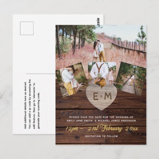 Budget rustieke hout foto collage gegraveerde hart briefkaart (Voorkant / Achterkant)