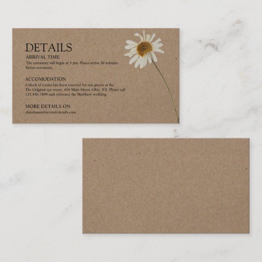 Budget rustieke kraft zonnebloem bruiloft details informatiekaartje (Voorkant / Achterkant)