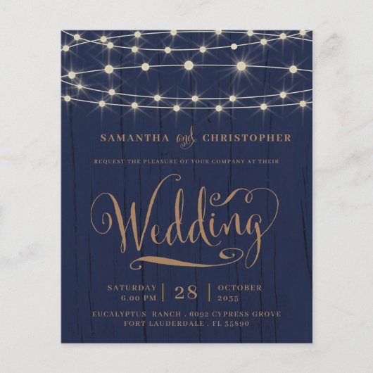 Budget Rustieke Navy String Lights RSVP Bruiloft (Voorkant)