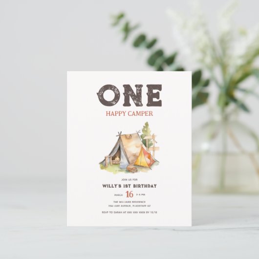 Budget rustieke One Happy Camper 1st Verjaardag Ui (Staand voorkant)