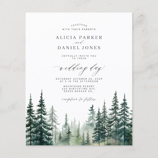 Budget rustieke pijnbomen bos bruiloft uitnodiging flyer (Voorkant)