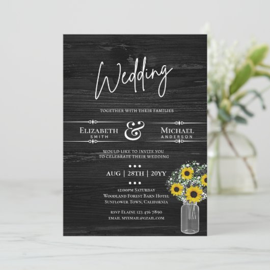 BUDGET Rustieke Trouwdag Uitnodiging ZwartGeel Zon (Staand voorkant)