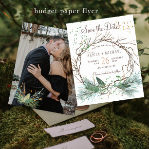 Budget rustieke winter bruiloft FOTO save the date Flyer