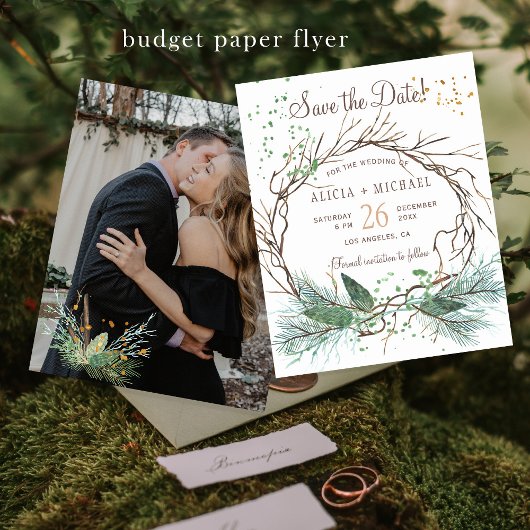 Budget rustieke winter bruiloft FOTO save the date Flyer