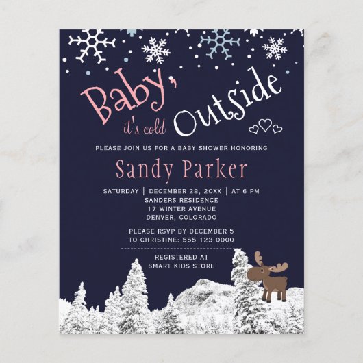 Budget rustieke wintermeisje babyshower uitnodigin (Voorkant)