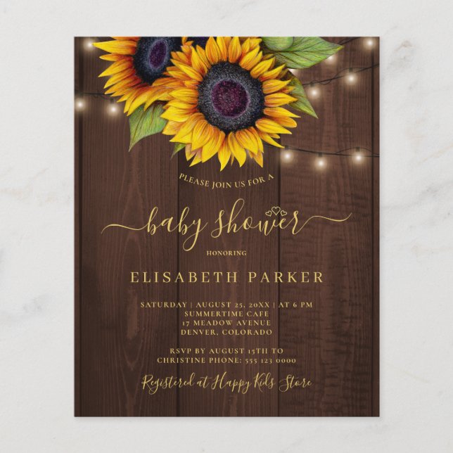 Budget rústieke zonnebloem babyshower uitnodiging (Voorkant)