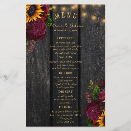 Budget rustieke zonnebloem en rozen bruiloft menu (Voorkant)