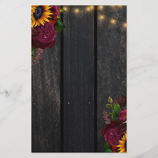 Budget rustieke zonnebloem en rozen bruiloft menu (Achterkant)