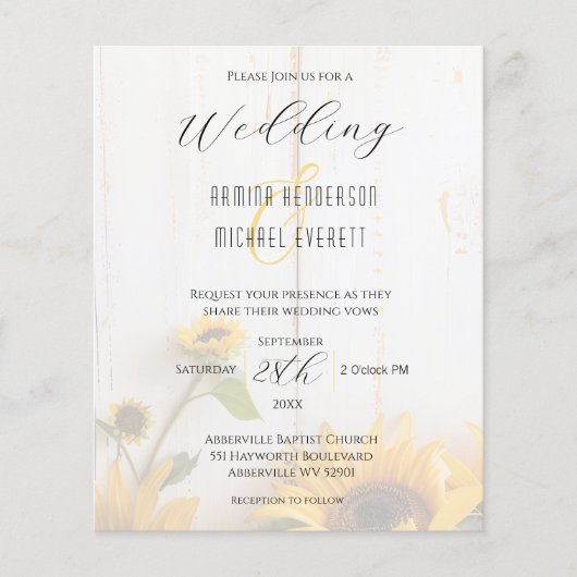 Budget Rustieke Zonnebloem Foto Huwelijksuitnodigi (Voorkant)