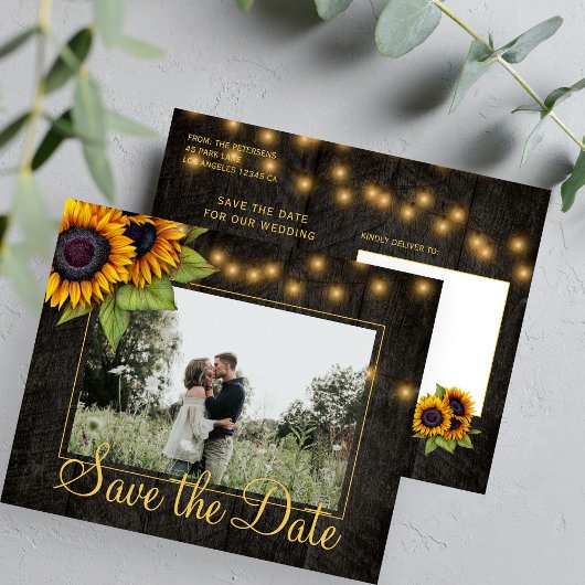 Budget rustieke zonnebloem trouwdag save the date