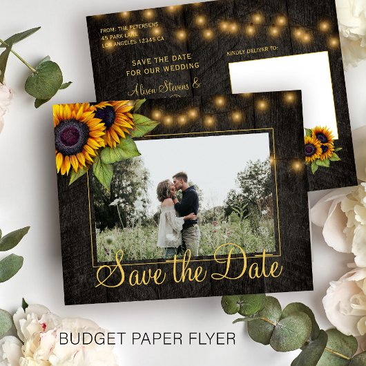 Budget rustieke zonnebloem trouwkaart save the dat flyer