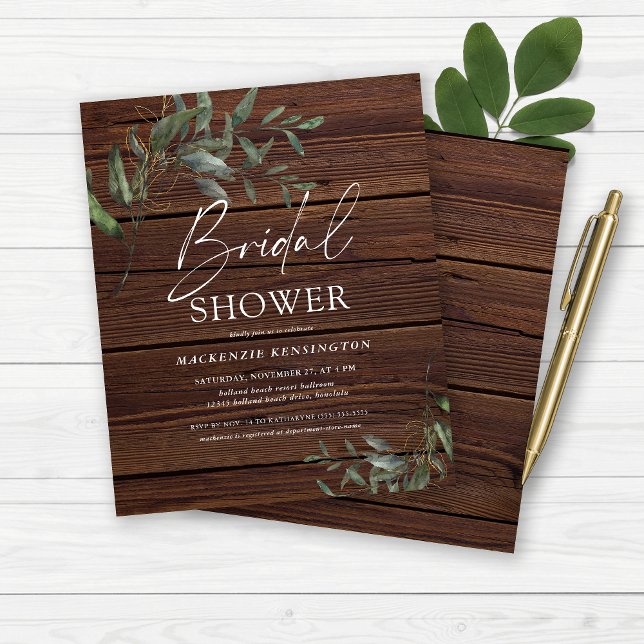 Budget Rustig Vrijgezellenfeest Eucalyptus Gold (Budget Rustic Wood Eucalyptus Gold Bridal Shower Invitation)