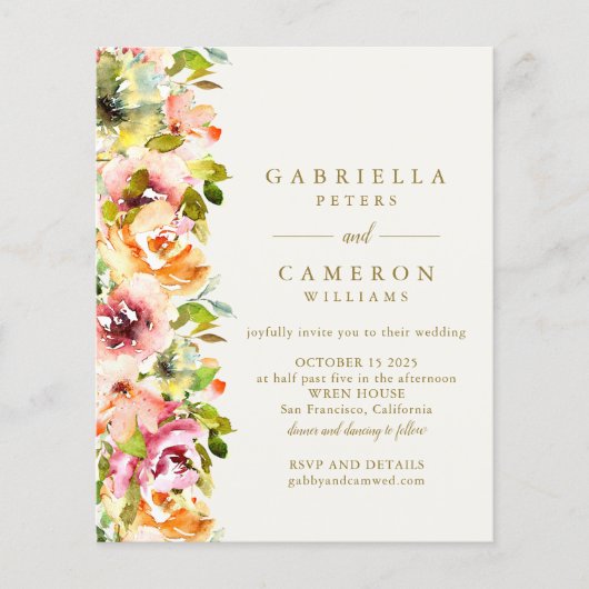 Budget Rustige Bourgogne Gold Floral Wedding Invit (Voorkant)