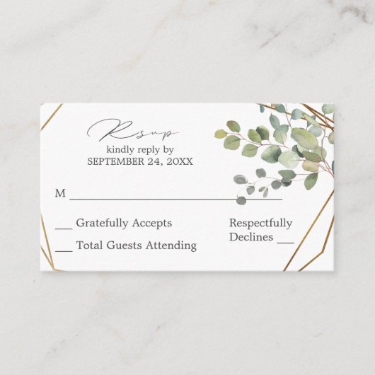 Budget Rustige Eucalyptus & Gold SM No Meal RSVP Informatiekaartje (Voorkant)