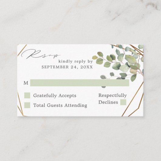 Budget Rustige Eucalyptus & Gold SM No Meal RSVP V Informatiekaartje (Voorkant)
