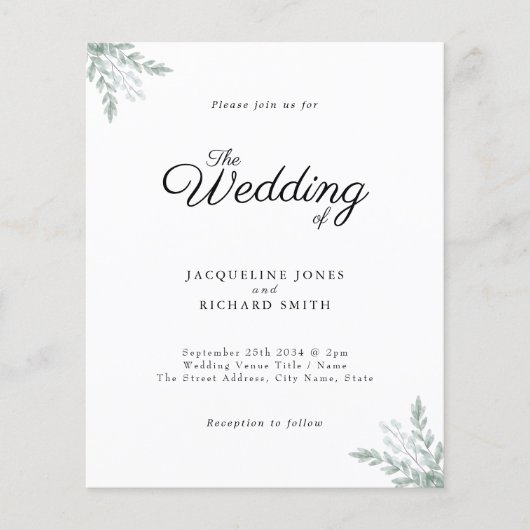 Budget Rustige Eucalyptus Leaves Wedding Uitnodigi Flyer (Voorkant)