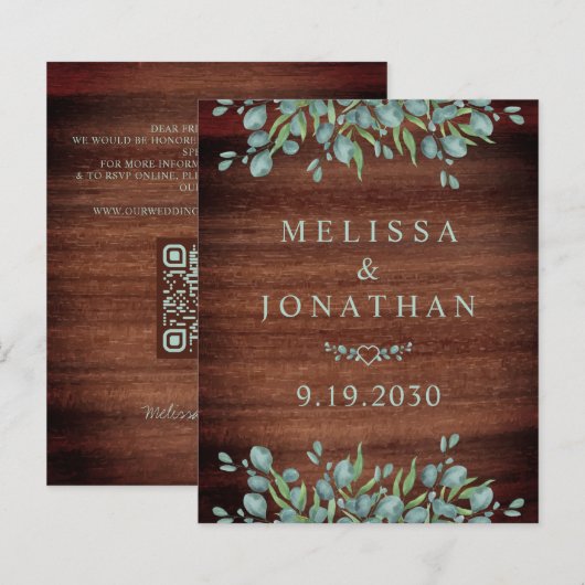 Budget Rustige Eucalyptus QR Code Wedding Uitnodig (Voorkant / Achterkant)