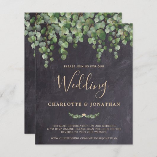 Budget Rustige Eucalyptus QR Code Wedding Uitnodig (Voorkant / Achterkant)