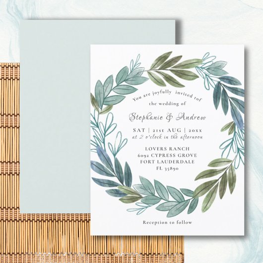 Budget Rustige Foliage Sage Green Wedding Invite