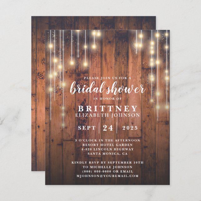 Budget Rustige houten lights Bridal Shower Uitnodi (Voorkant / Achterkant)