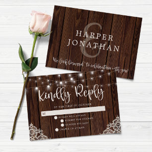BUDGET Rustige houten lights Wace Wedding RSVP Notitiekaartje