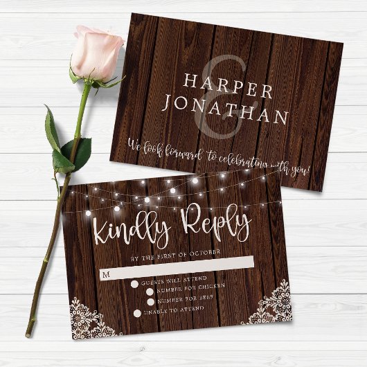 BUDGET Rustige houten lights Wace Wedding RSVP Notitiekaartje