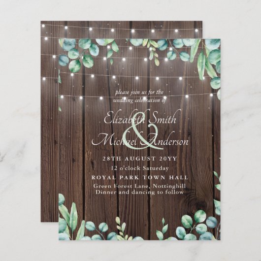 Budget Rustige Lichten Greenery Eucalyptus Invite (Voorkant / Achterkant)