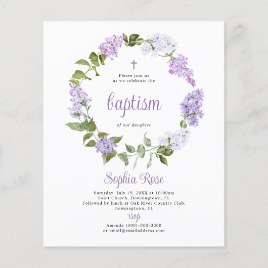 Budget Rustige Lila Flowers Baptism Uitnodiging (Voorkant)