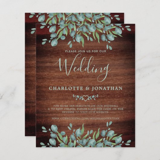 Budget Rustige QR Code Eucalyptus Wedding Invite (Voorkant / Achterkant)