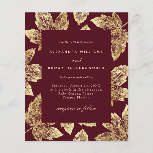 Budget Rustige Red en Gold Leaves Wedding Invite (Voorkant)