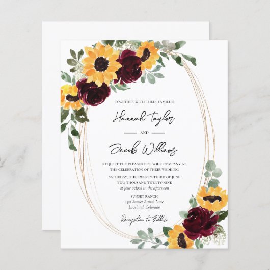 Budget Rustige Sunflower and Rozen Wedding Invite (Voorkant / Achterkant)