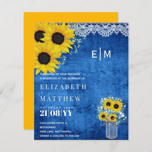 BUDGET Rustige Sunflower Blue Wedding Invite (Voorkant / Achterkant)