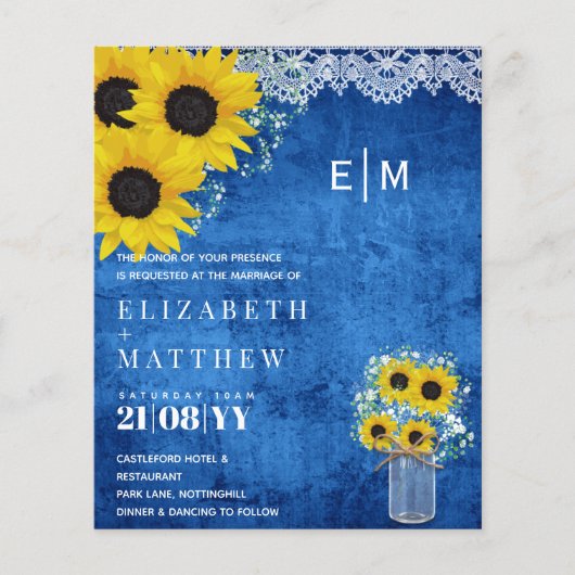 BUDGET Rustige Sunflower Blue Wedding Invite (Voorkant)