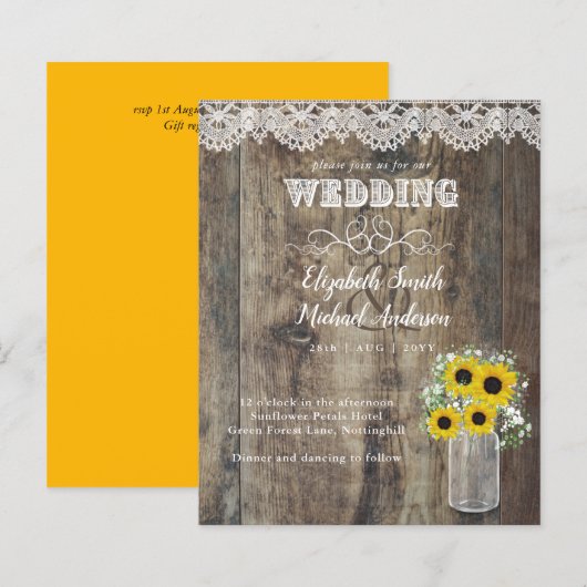 BUDGET Rustige Sunflower Lace Wood Wedding Invite (Voorkant / Achterkant)