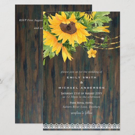 Budget Rustige Sunflower Lights Lace Wedding Inv (Voorkant / Achterkant)