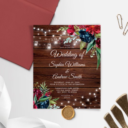 Budget Rustige Wood Floral Light Wedding Invitatio
