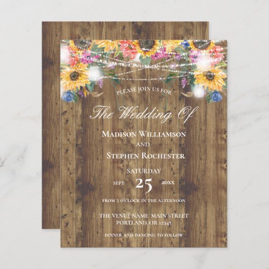 Budget Rustige Wood Sunflower & Lights Wedding (Voorkant / Achterkant)