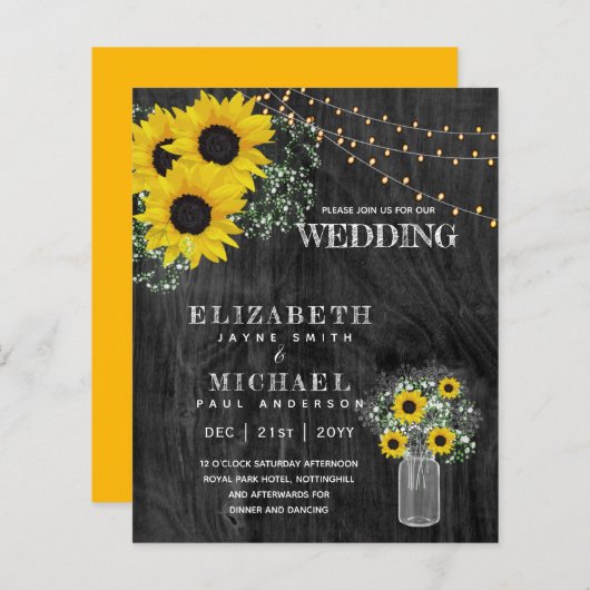 BUDGET Rustige zonnebloem BabysBreath Wedding Invi (Voorkant / Achterkant)