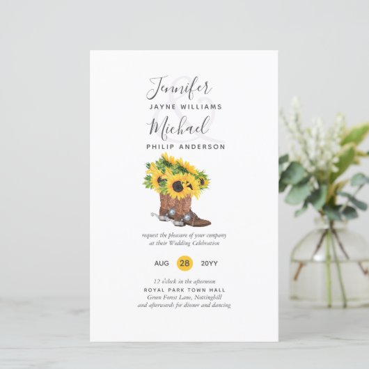 BUDGET Rustige zonnebloem Cowboy Boots Wedding Inv (Staand voorkant)