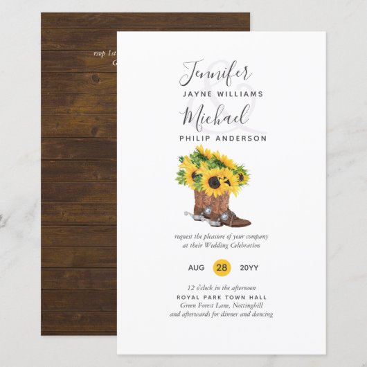 BUDGET Rustige zonnebloem Cowboy Boots Wedding Inv (Voorkant / Achterkant)