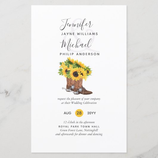 BUDGET Rustige zonnebloem Cowboy Boots Wedding Inv (Voorkant)