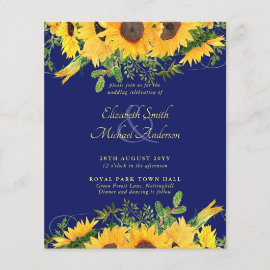 BUDGET Rustige Zonnebloem Gedekte bruiloft Invite (Voorkant)