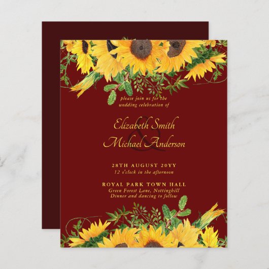 BUDGET Rustige Zonnebloem Gedekte bruiloft Invite (Voorkant / Achterkant)