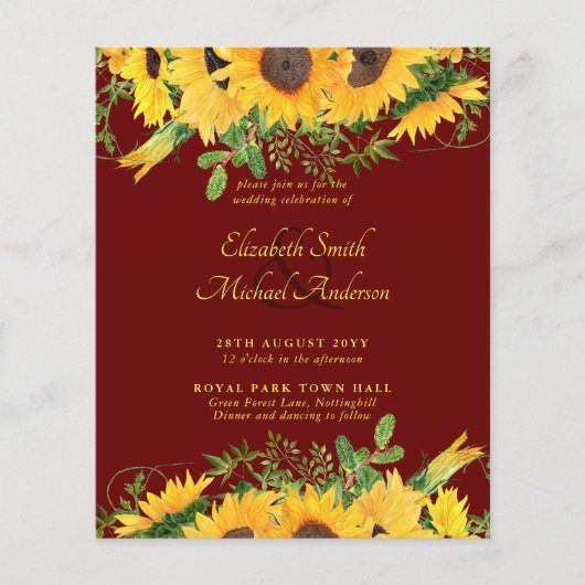 BUDGET Rustige Zonnebloem Gedekte bruiloft Invite (Voorkant)