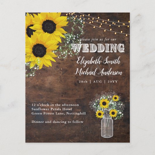 BUDGET Rustige Zonnebloem Gypsohila Wedding Invite (Voorkant)