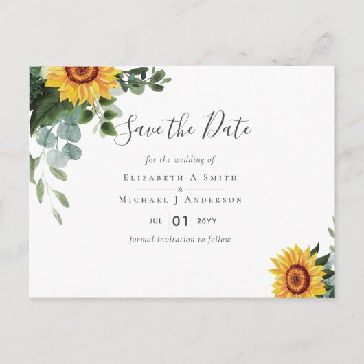 BUDGET Rustige zonnebloemen Eucalyptus Leaves Wedd Briefkaart (Voorkant)