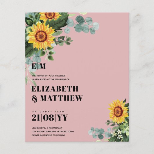BUDGET Rustige zonnebloemen Moderne tekstbruiloft Flyer (Voorkant)