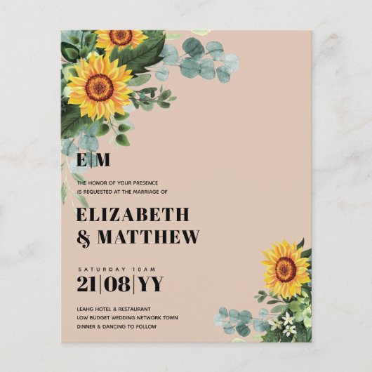 BUDGET Rustige zonnebloemen Moderne tekstbruiloft Flyer (Voorkant)
