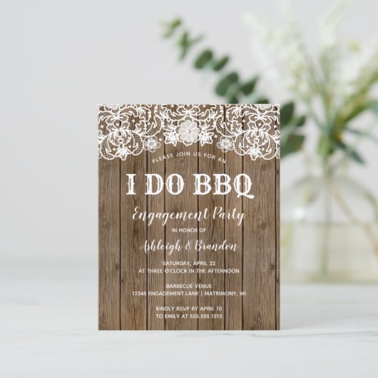 Budget Rustin Barn Wood Lace I Do BBQ Uitnodiging (Staand voorkant)